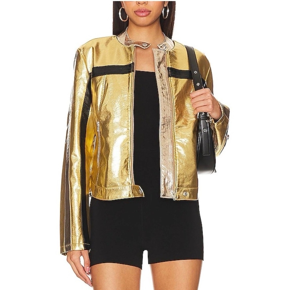 💋We The‎ Free Metallic Gold Leather Jacket 017